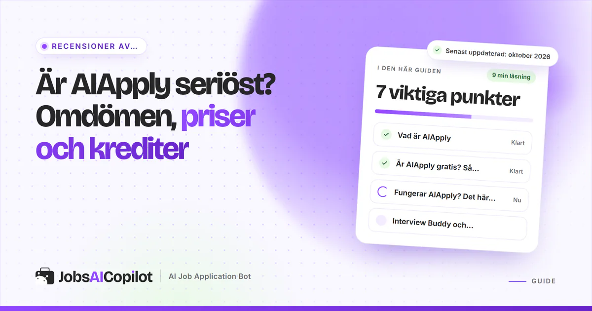 Recensionskort för AIApply med funktioner, prisuppdelning och jämförda alternativ på ett violett JobsAICopilot-omslag
