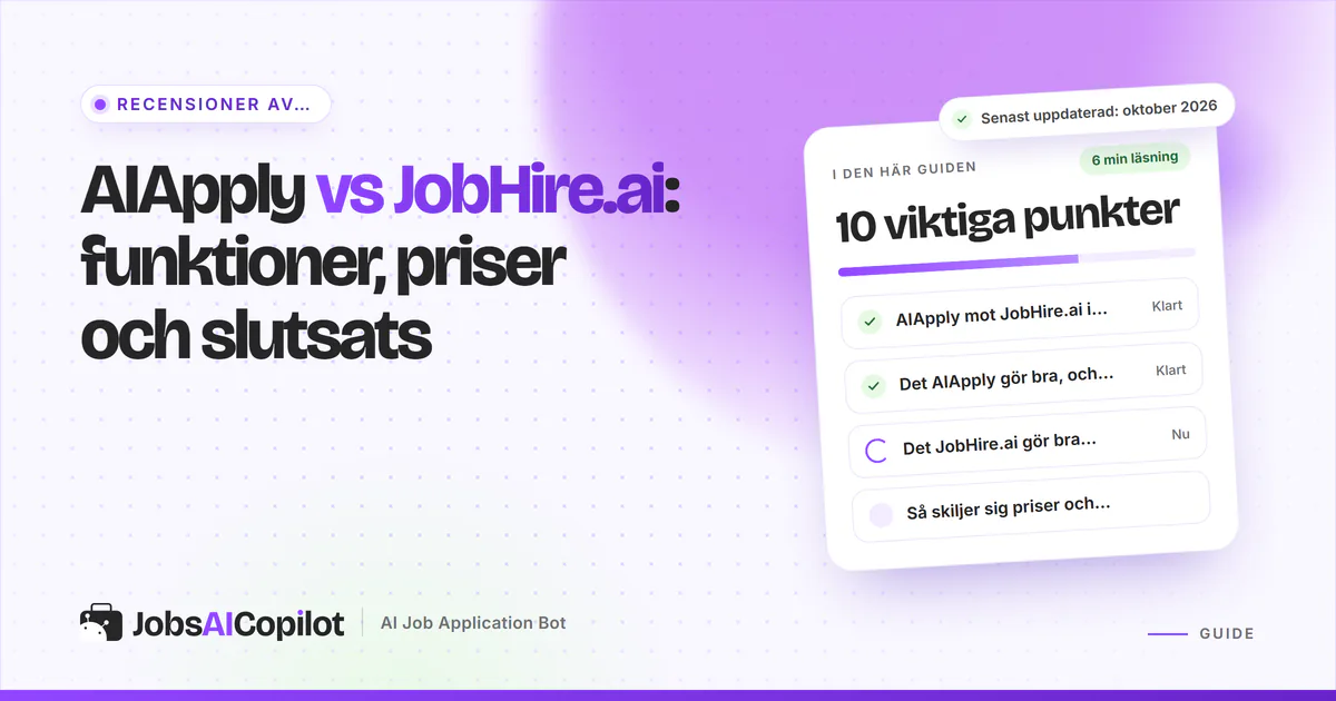Jämförelsekort för AIApply och JobHire.ai med en VS-symbol på ett violett JobsAICopilot-omslag