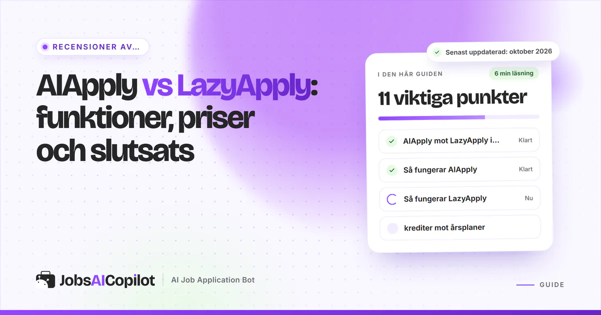 Jämförelsekort för AIApply och LazyApply med en VS-symbol på ett violett JobsAICopilot-omslag
