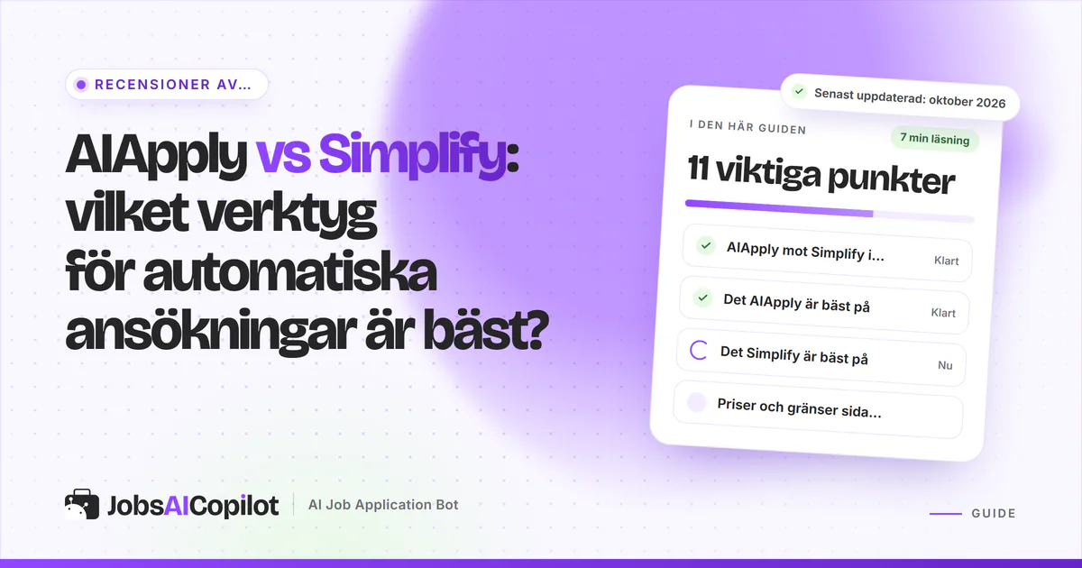 Jämförelsekort för AIApply och Simplify med en VS-symbol på ett violett JobsAICopilot-omslag