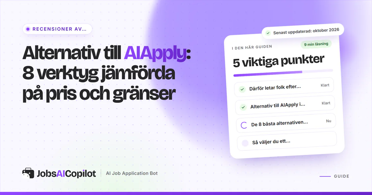 Alternativ till AIApply: JobsAICopilot, Simplify, LoopCV och Jobright listade på ett violett JobsAICopilot-omslag