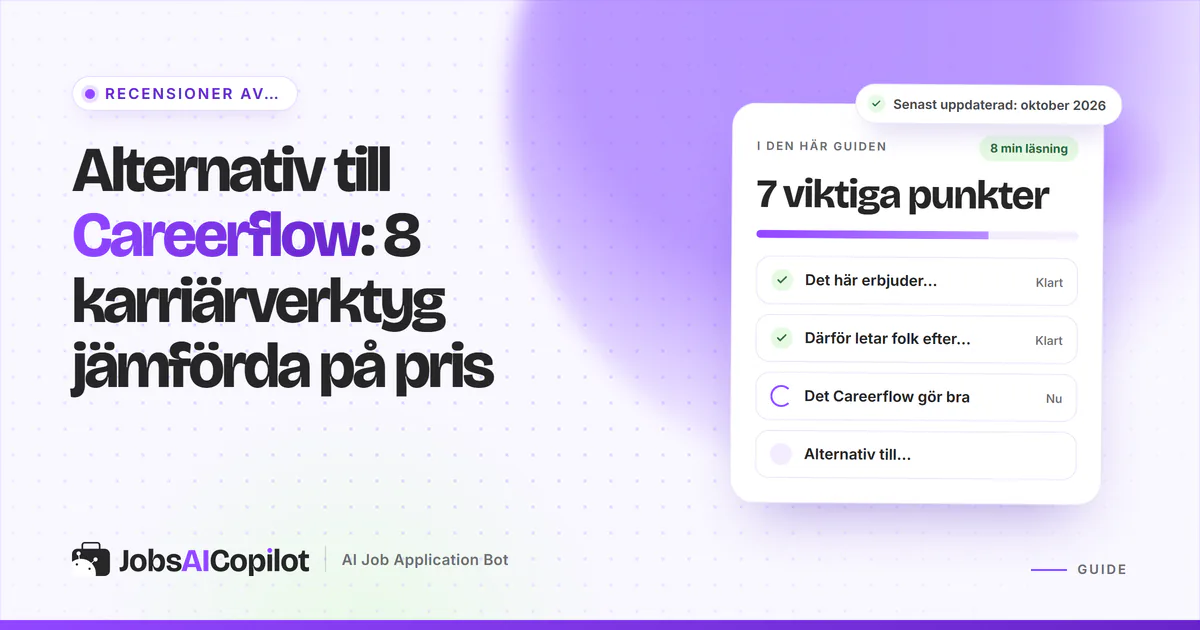 Alternativ till Careerflow: JobsAICopilot, Teal, Huntr och Simplify listade på ett violett JobsAICopilot-omslag