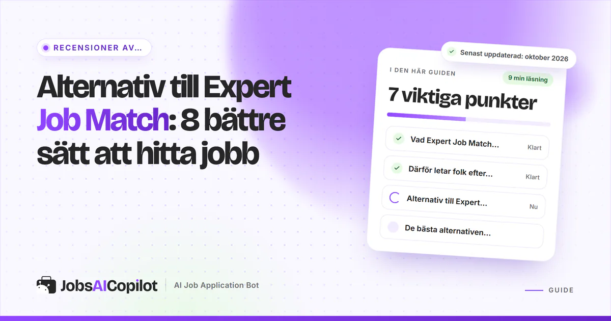 Alternativ till Expert Job Match: JobsAICopilot, Indeed, LinkedIn Jobs och Glassdoor listade på ett violett omslag