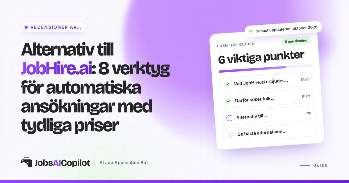 Alternativ till JobHire.ai: JobsAICopilot, LoopCV, FastApply och Wobo listade på ett violett JobsAICopilot-omslag