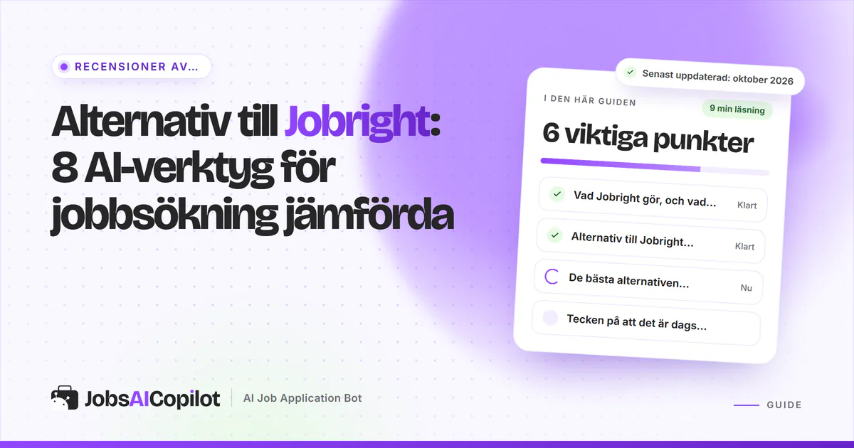 Alternativ till Jobright: JobsAICopilot, Simplify, Wobo och LoopCV listade på ett violett JobsAICopilot-omslag