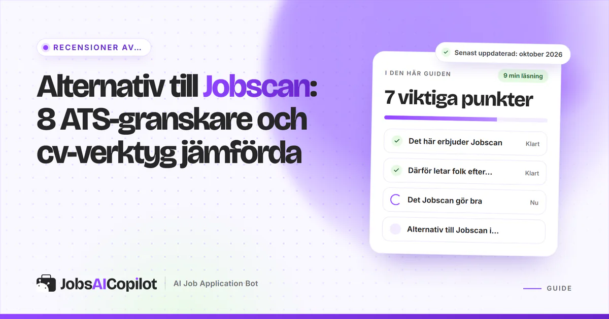 Alternativ till Jobscan: JobsAICopilot, SkillSyncer, Teal och Careerflow listade på ett violett JobsAICopilot-omslag