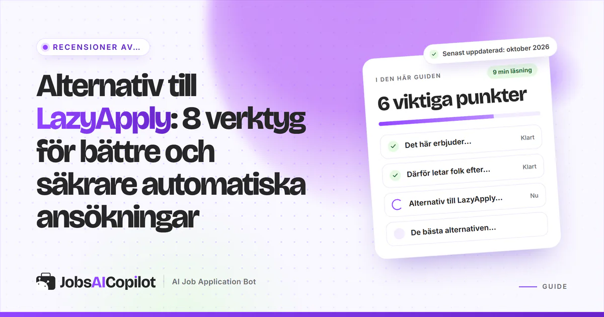 Alternativ till LazyApply: JobsAICopilot, Wobo, FastApply och LoopCV listade på ett violett JobsAICopilot-omslag