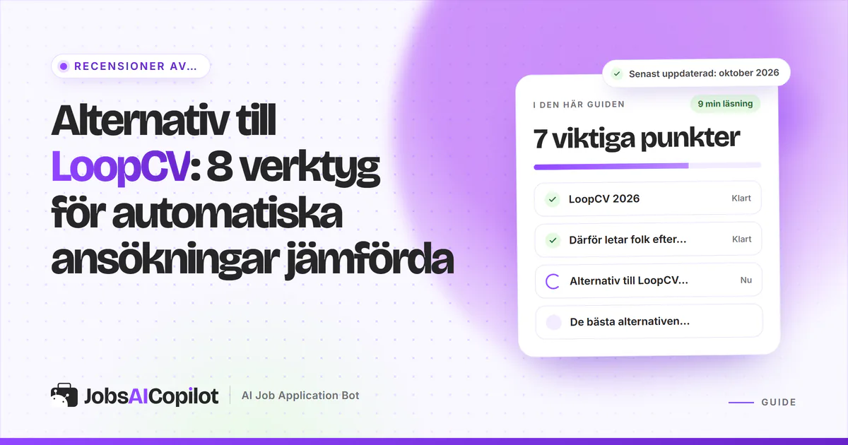 Alternativ till LoopCV: JobsAICopilot, Wobo, FastApply och Simplify listade på ett violett JobsAICopilot-omslag