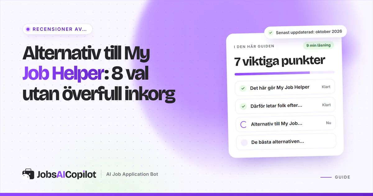 Alternativ till My Job Helper: JobsAICopilot, Indeed, LinkedIn Jobs och Googles jobbsökning på ett violett omslag