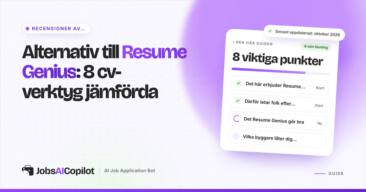 Lista med alternativ till Resume Genius på ett JobsAICopilot-omslag