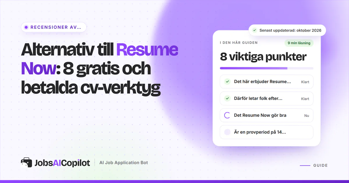 Lista med alternativ till Resume Now på ett JobsAICopilot-omslag