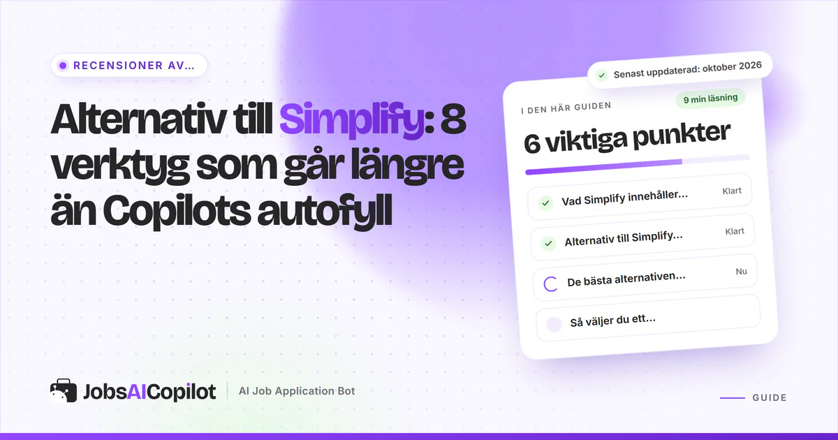 Alternativ till Simplify: JobsAICopilot, Jobright, Wobo och FastApply listade på ett violett JobsAICopilot-omslag