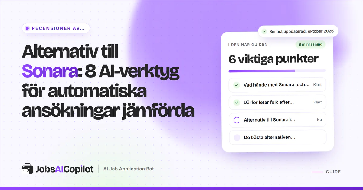 Alternativ till Sonara: JobsAICopilot, LoopCV, FastApply och Wobo listade på ett violett JobsAICopilot-omslag