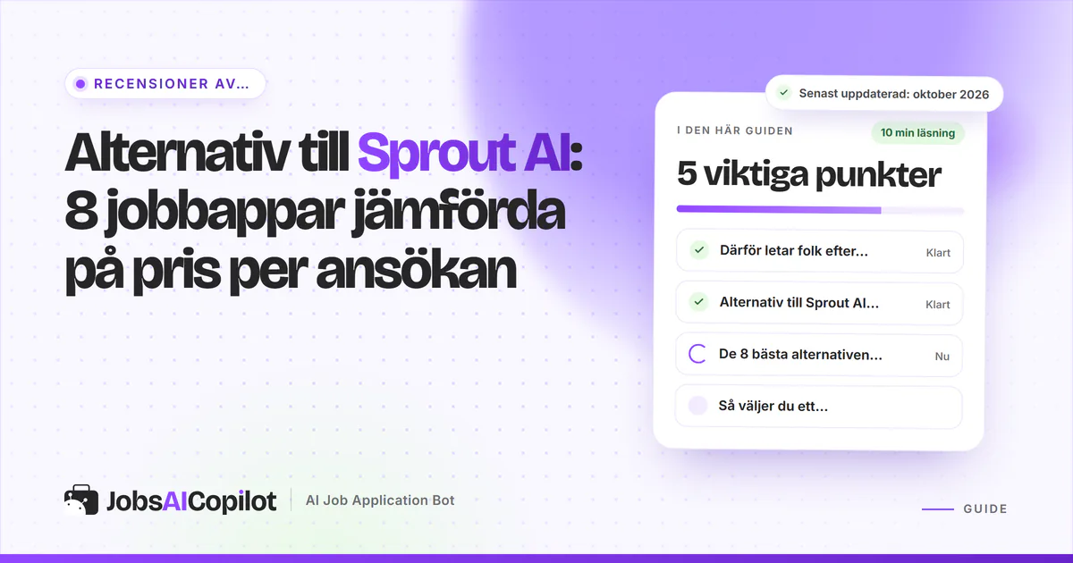 Alternativ till Sprout AI: åtta verktyg för jobbansökningar jämförda på pris per ansökan, listade på ett violett omslag