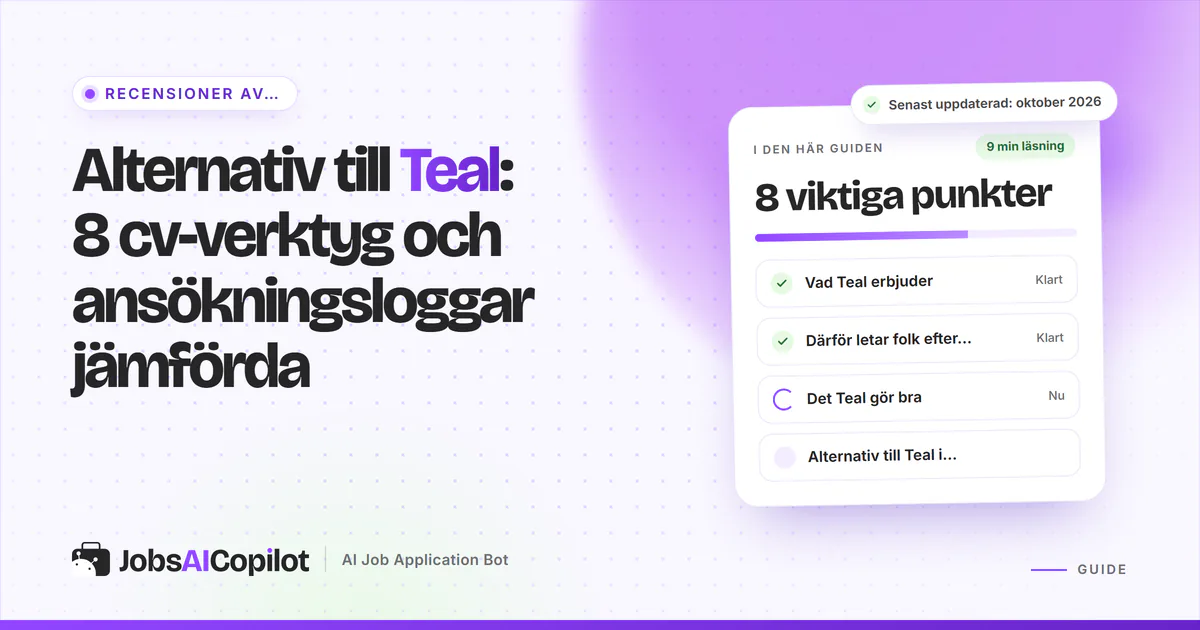 Alternativ till Teal: JobsAICopilot, Huntr, Careerflow och Kickresume listade på ett violett JobsAICopilot-omslag