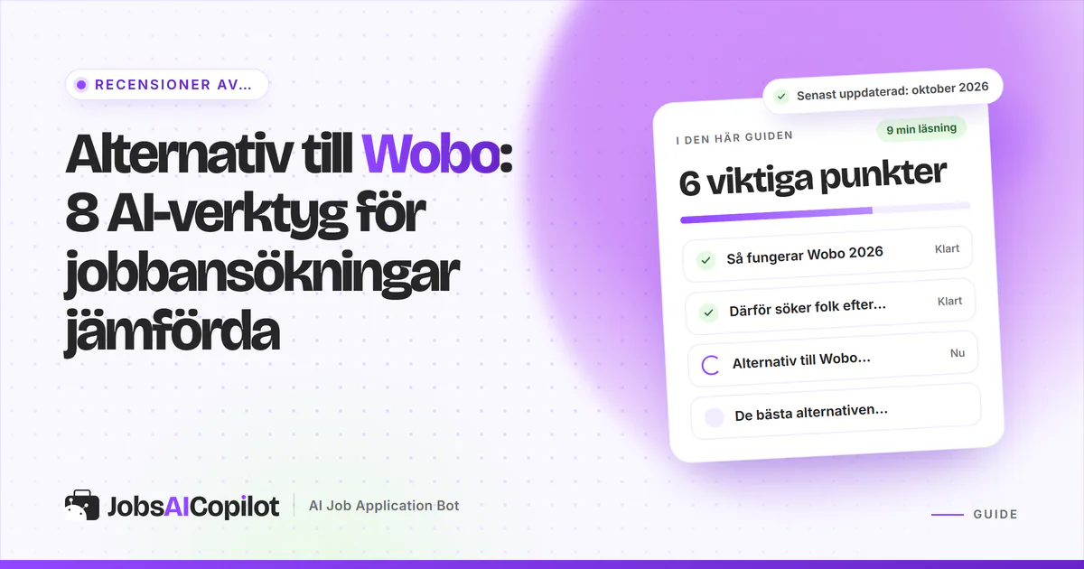 Alternativ till Wobo: JobsAICopilot, Simplify, LoopCV och FastApply listade på ett violett JobsAICopilot-omslag