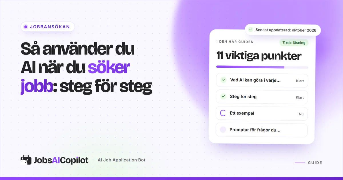 Omslag om att söka jobb med AI och en stegchecklista: vad AI gör i varje steg, ett exempel och en kontroll före ansökan
