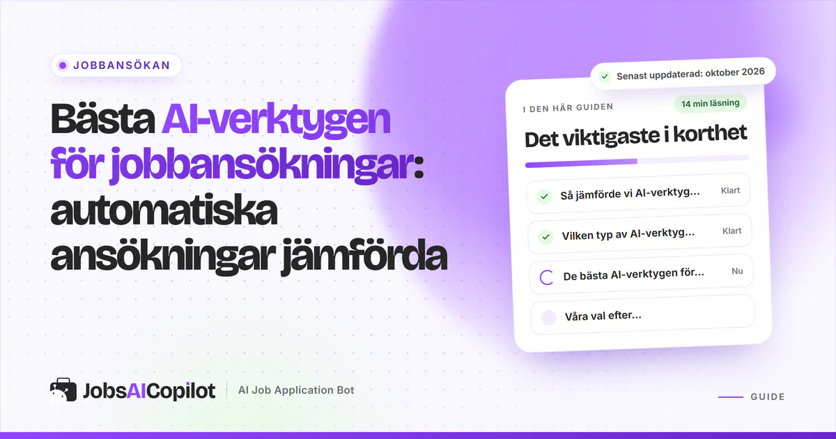 Bästa AI-verktygen för jobbansökningar: JobsAICopilot, Simplify, Jobright och JobCopilot jämförda på ett violett omslag