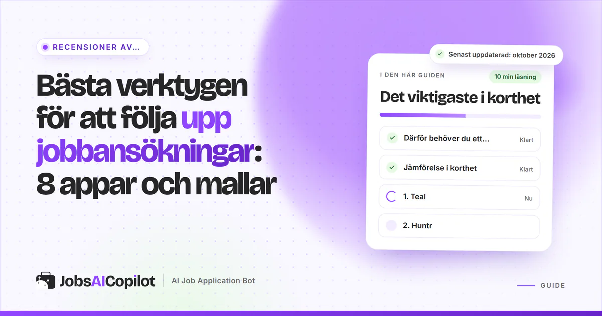 Ansökningslogg i kanbanstil med kolumnerna sparad, skickad, intervju och erbjudande bredvid en kalkylarksmall