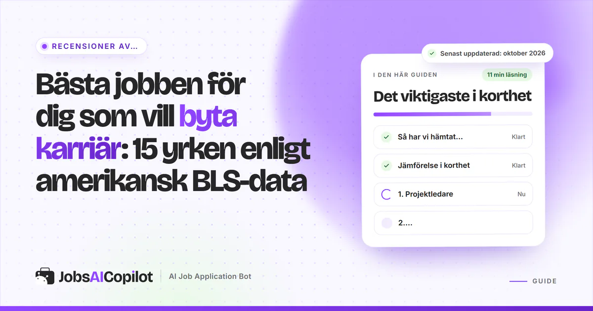 Diagram över de bästa jobben för karriärbytare 2026 med medianlön enligt BLS, tillväxtprognos och utbildningstid