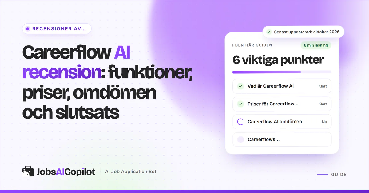 Recensionskort för Careerflow AI med funktioner, prisuppdelning och användaromdömen på ett violett JobsAICopilot-omslag