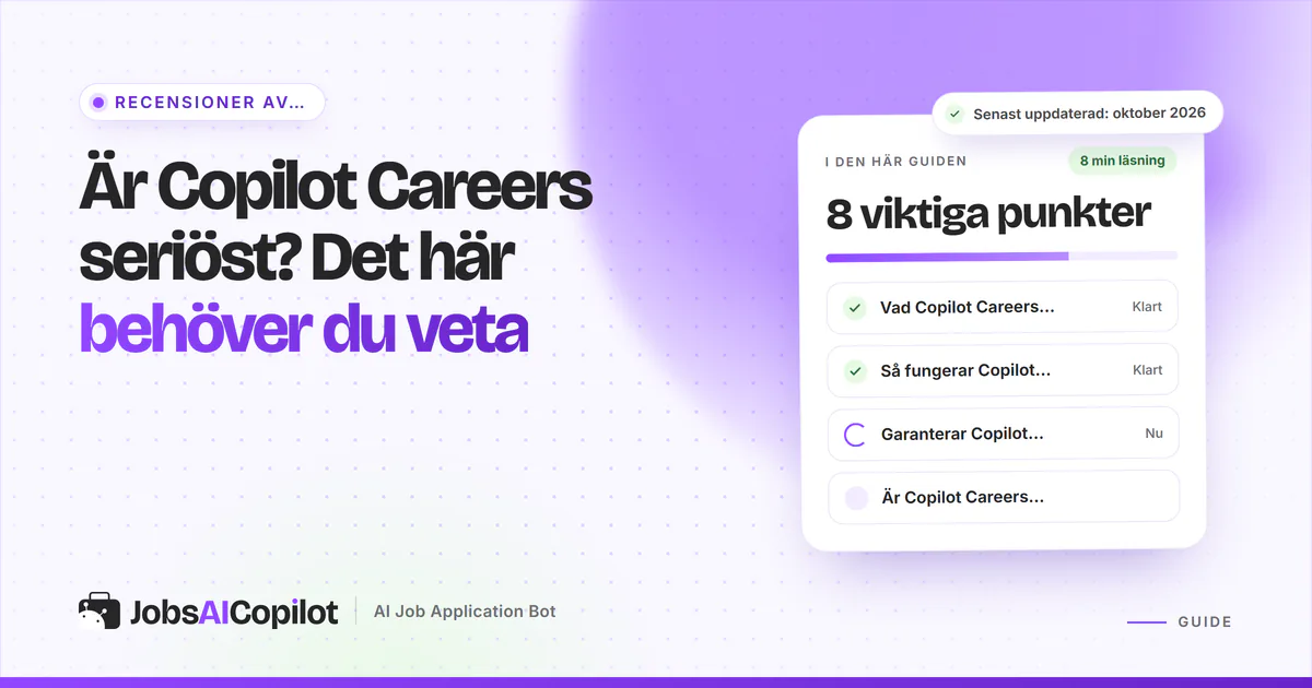 Kort som granskar om Copilot Careers är seriöst, med användaromdömen och jämförda alternativ på ett JobsAICopilot-omslag