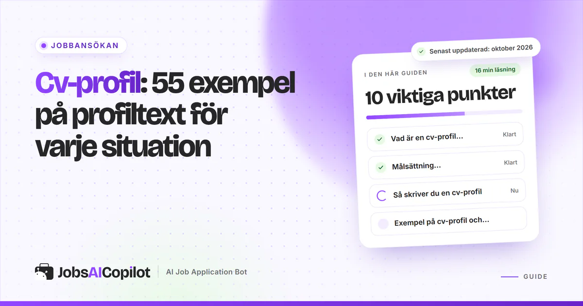 Exempel på cv-profil: cv-rubrik med en kort profiltext markerad på ett violett omslag