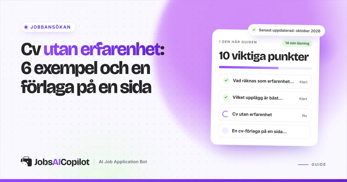Cv utan erfarenhet: ett cv på en sida med kompetenser och utbildning på ett violett JobsAICopilot-omslag