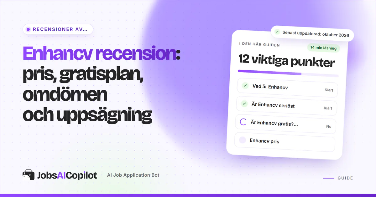 Recensionskort för Enhancv om gratisplanen på 7 dagar, priserna 2026, återbetalning och omdömen på ett violett omslag