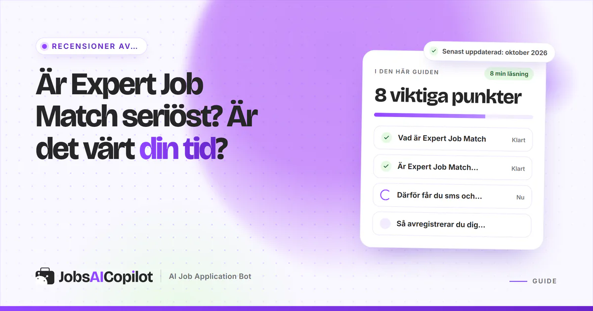 Kort som granskar om Expert Job Match är seriöst: funktioner, omdömen samt för- och nackdelar på ett violett omslag