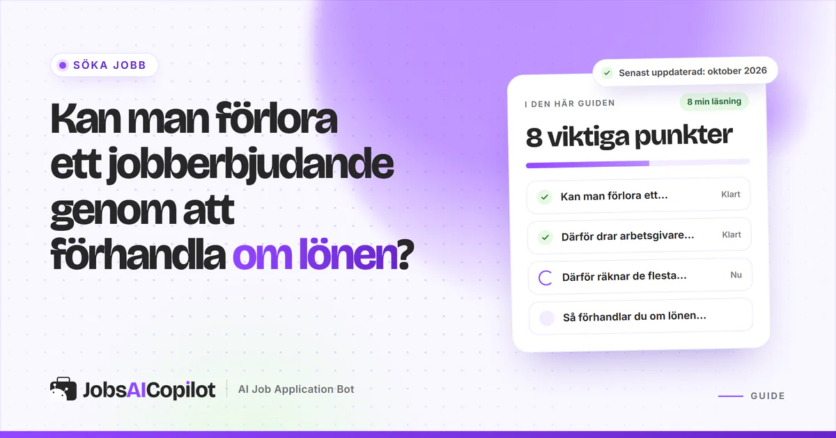 Guidekort med checklista: kan man förlora ett jobberbjudande genom att förhandla lön? På ett violett JobsAICopilot-omslag