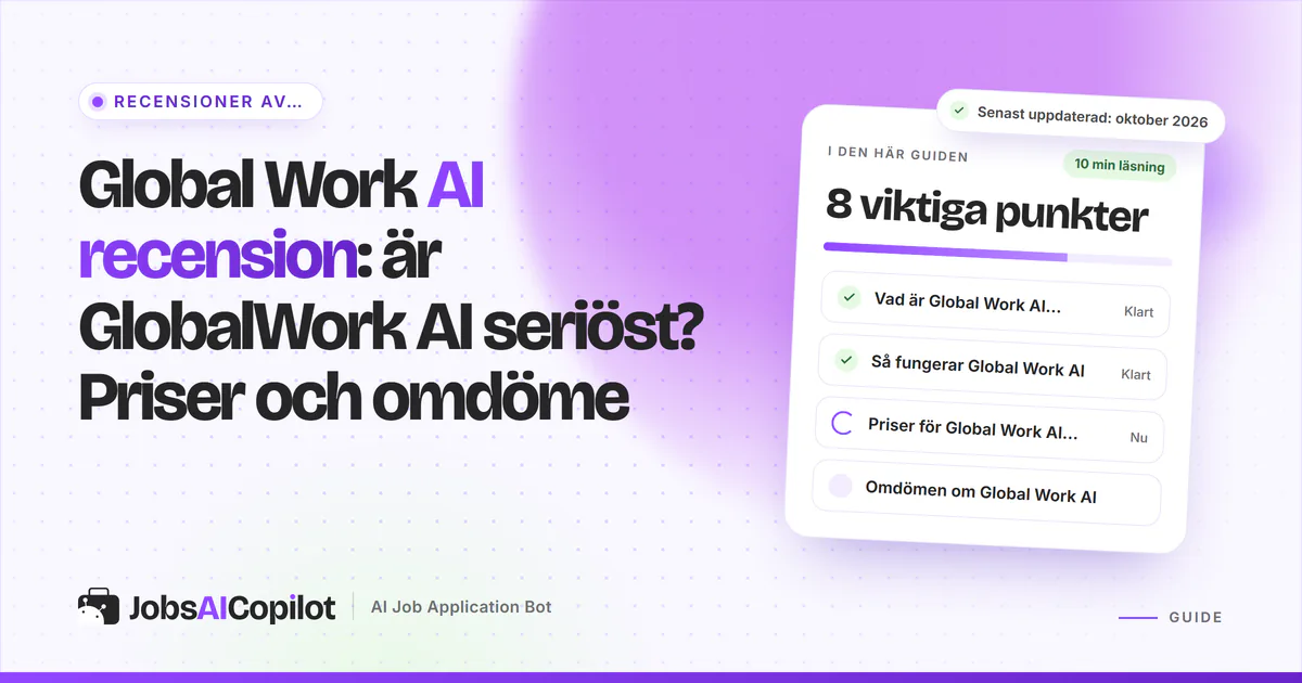 Global Work AI recension: rubrikkort som frågar om GlobalWork AI är seriöst, med checklista om pris och slutsats