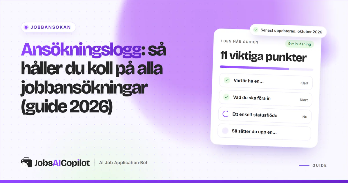 Guidekort med checklista om ansökningsloggen och dess viktigaste fördelar på ett JobsAICopilot-omslag