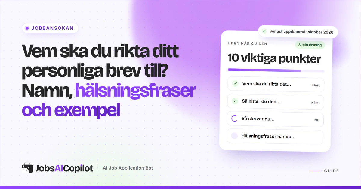 Vem du riktar brevet till: skiss av ett personligt brev märkt ”Rekryterande chef namngiven” på ett JobsAICopilot-omslag
