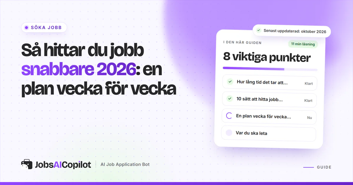 Steg-för-steg-kort: så hittar du jobb snabbare 2026, på ett violett JobsAICopilot-omslag