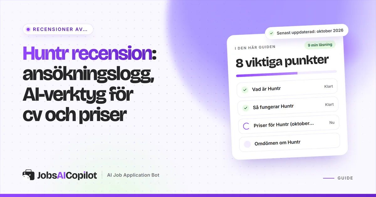 Omslag för Huntr-recensionen: rubrikkort om ansökningsloggen, AI-verktygen för cv och priserna, bredvid en checklista