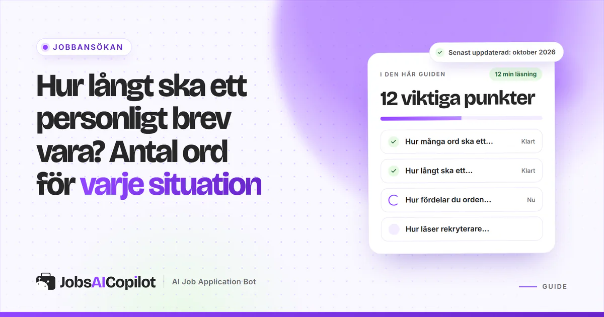 Hur långt ska ett personligt brev vara: ett brev på en sida märkt 250–400 ord på ett violett JobsAICopilot-omslag