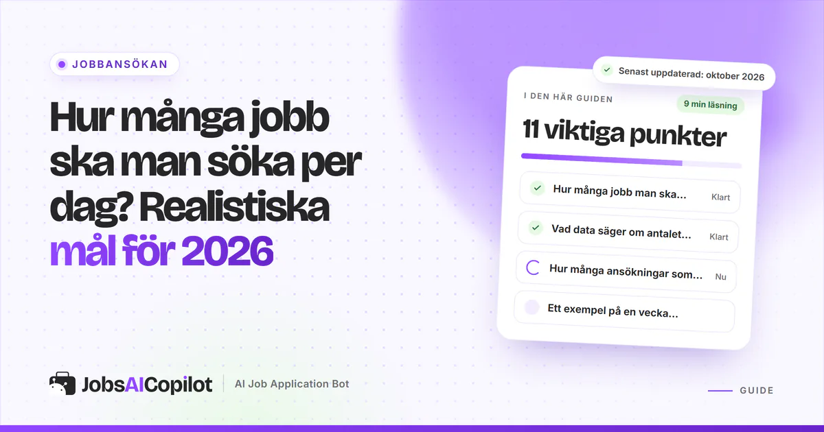 Guidekort med checklista: hur många jobb ska man söka per dag? Realistiska mål för 2026 på ett violett JobsAICopilot-omslag