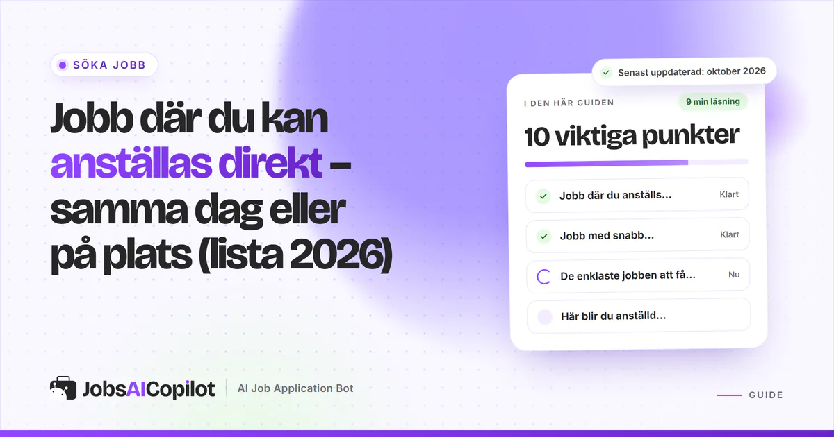 Jobb med anställning direkt och på plats: jobbradarkort på ett JobsAICopilot-omslag