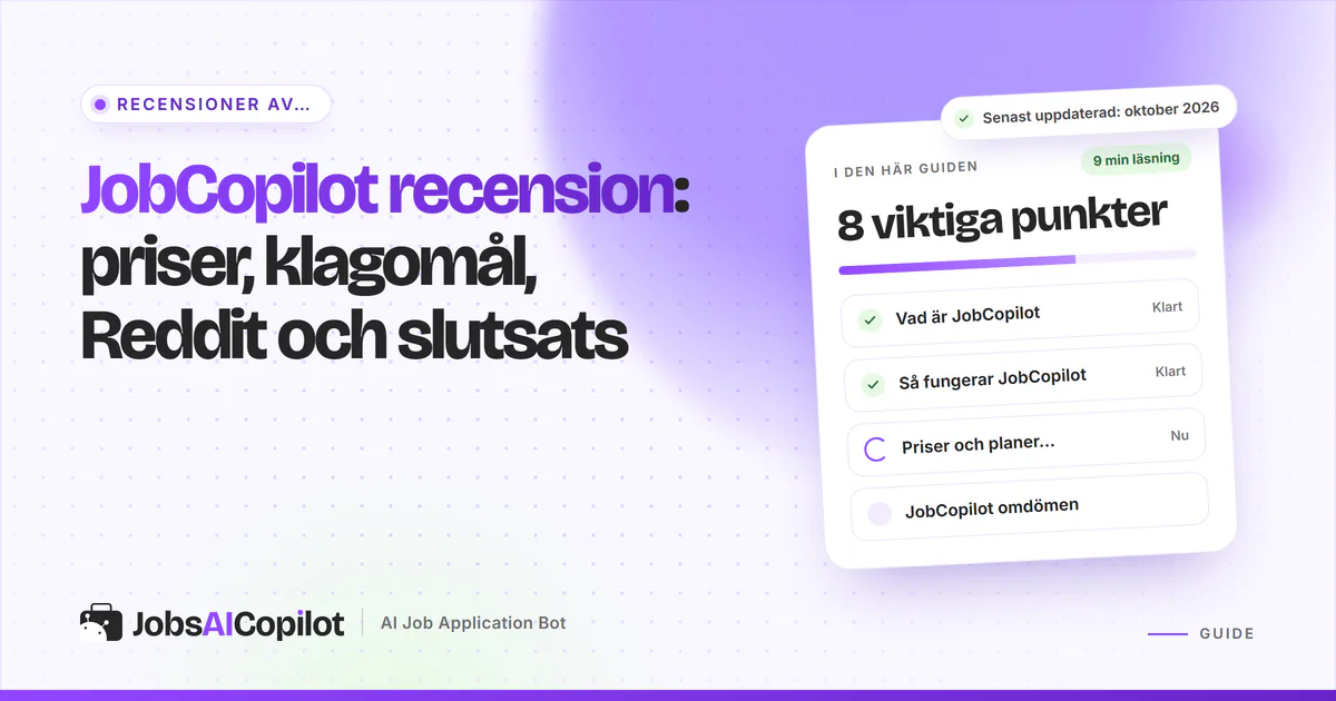Omslag för JobCopilot-recensionen: rubrikkort om priser, klagomål, Reddit och slutsats, bredvid en checklista