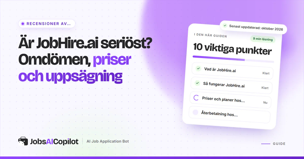 Recensionskort för JobHire.ai med funktioner, prisuppdelning och användaromdömen på ett violett JobsAICopilot-omslag