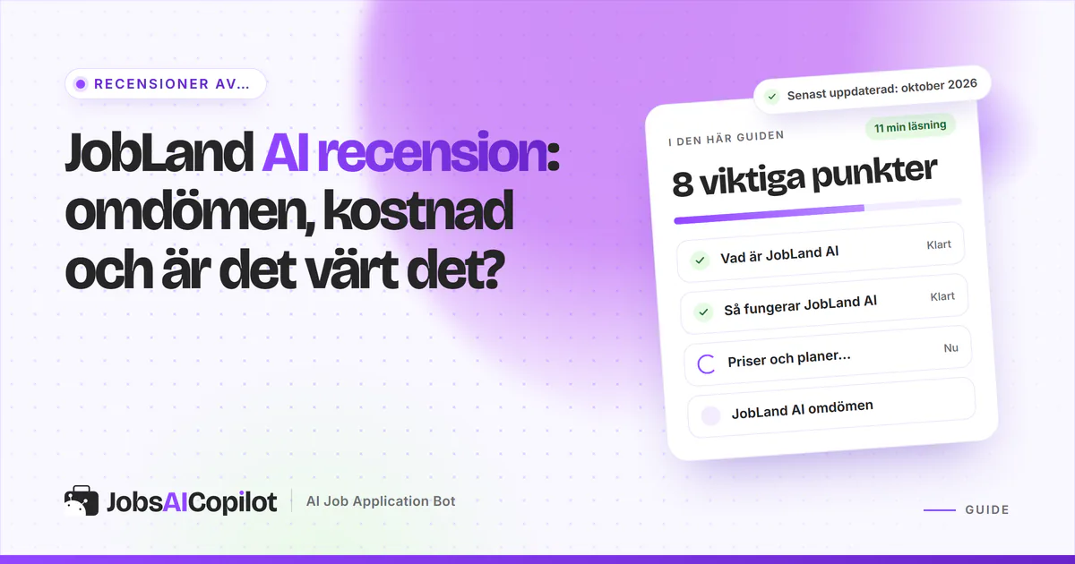 Omslag för JobLand AI-recensionen: rubrikkort om omdömen, kostnad och om det är värt det, bredvid en checklista