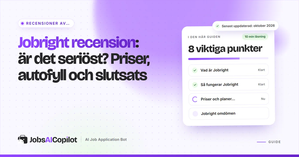 Omslag för Jobright-recensionen: rubrikkort om seriositet, priser, autofyll och slutsats, bredvid en checklista