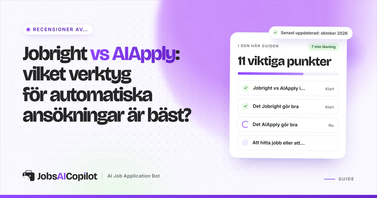 Jämförelsekort för Jobright och AIApply med en VS-symbol på ett violett JobsAICopilot-omslag