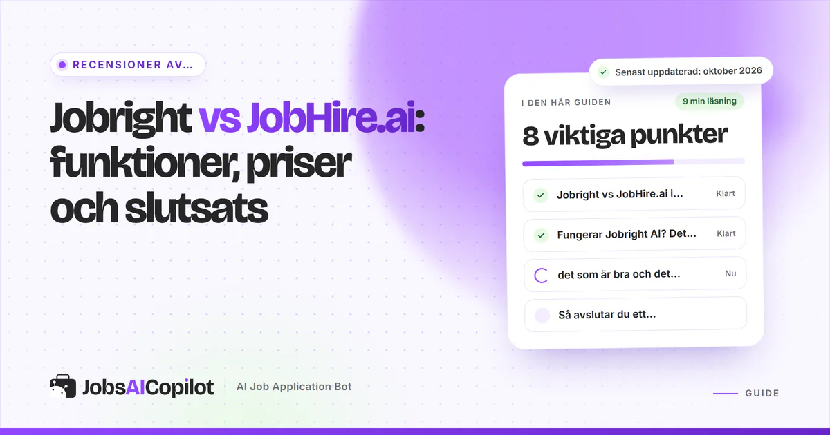 Jämförelsekort för Jobright och JobHire.ai med en VS-symbol på ett violett JobsAICopilot-omslag