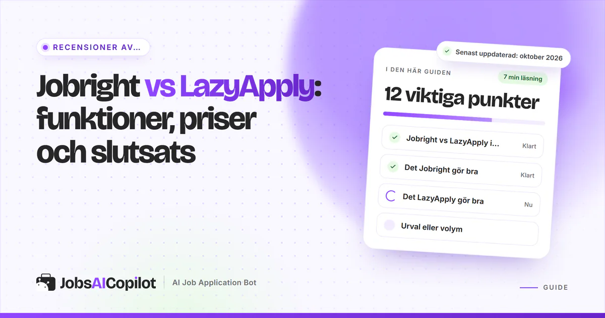 Jämförelsekort för Jobright och LazyApply med en VS-symbol på ett violett JobsAICopilot-omslag