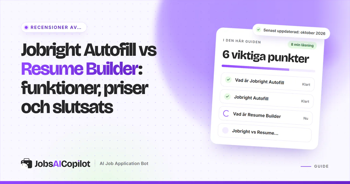 Jämförelsekort för Jobright Autofill och Resume Builder med en VS-symbol på ett violett JobsAICopilot-omslag