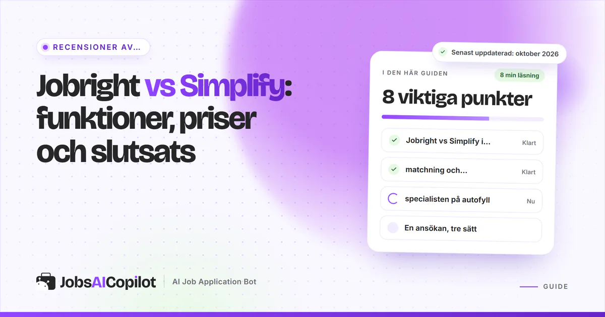 Jämförelsekort för Jobright och Simplify med en VS-symbol på ett violett JobsAICopilot-omslag