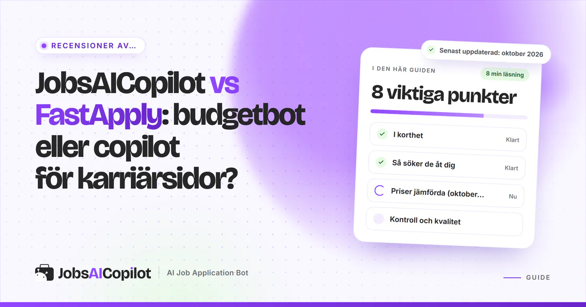 Jämförelseomslag för JobsAICopilot och FastApply: en tilläggspanel i webbläsaren bredvid en ansökningskö för karriärsidor
