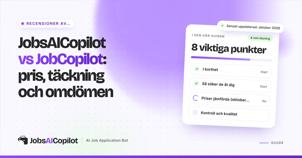 Jämförelseomslag för JobsAICopilot och JobCopilot: två plankort som väger prisvisning, täckning och användarbetyg